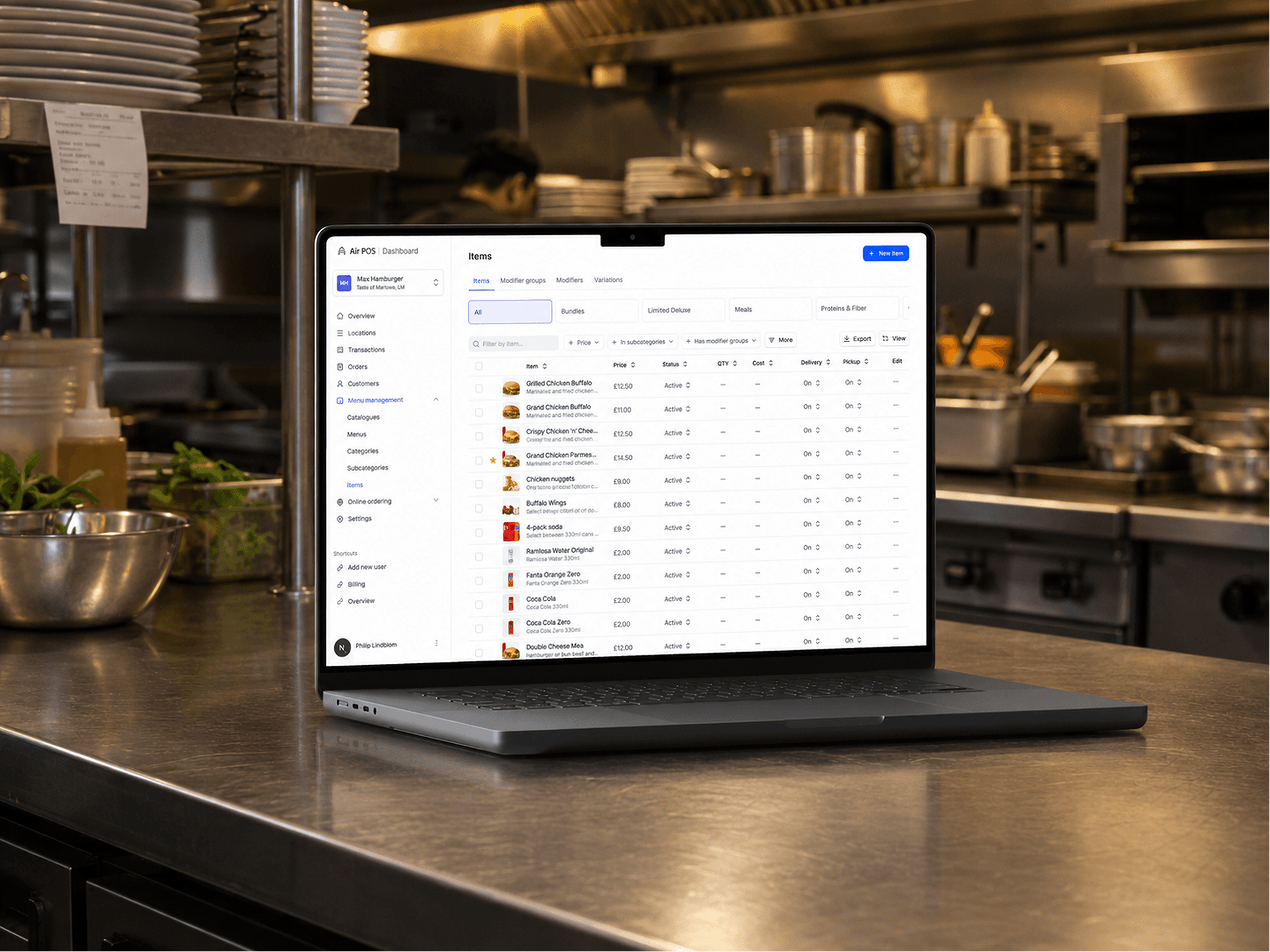 Air POS menu management displayed on a laptop